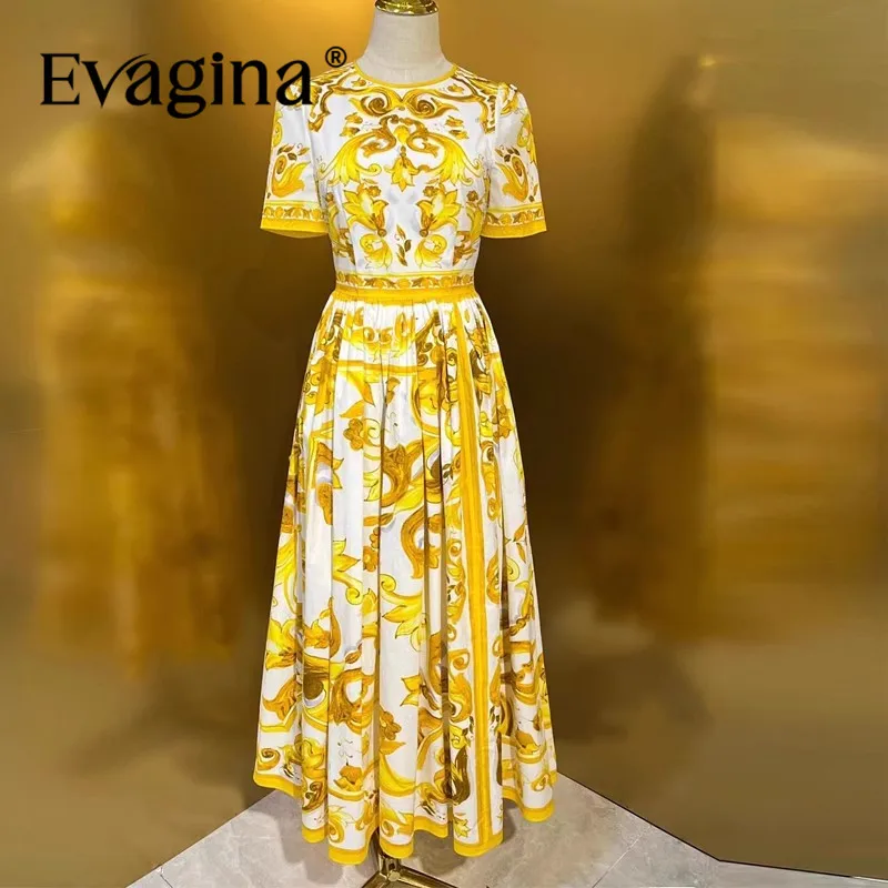 

Evagina Fashion Design Women's Poplin Knitted Cotton Yellow Flower Porcelain Printed Round Neck Short Sleeve Pendant Dress