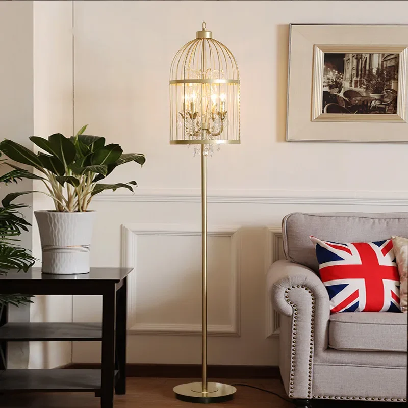 مصباح أرضي كريستالي على شكل قفص طائر ذهبي على الموضة الأوروبية مصباح أرضي أمريكي إبداعي لغرفة المعيشة وغرفة الطعام وغرفة النوم #2