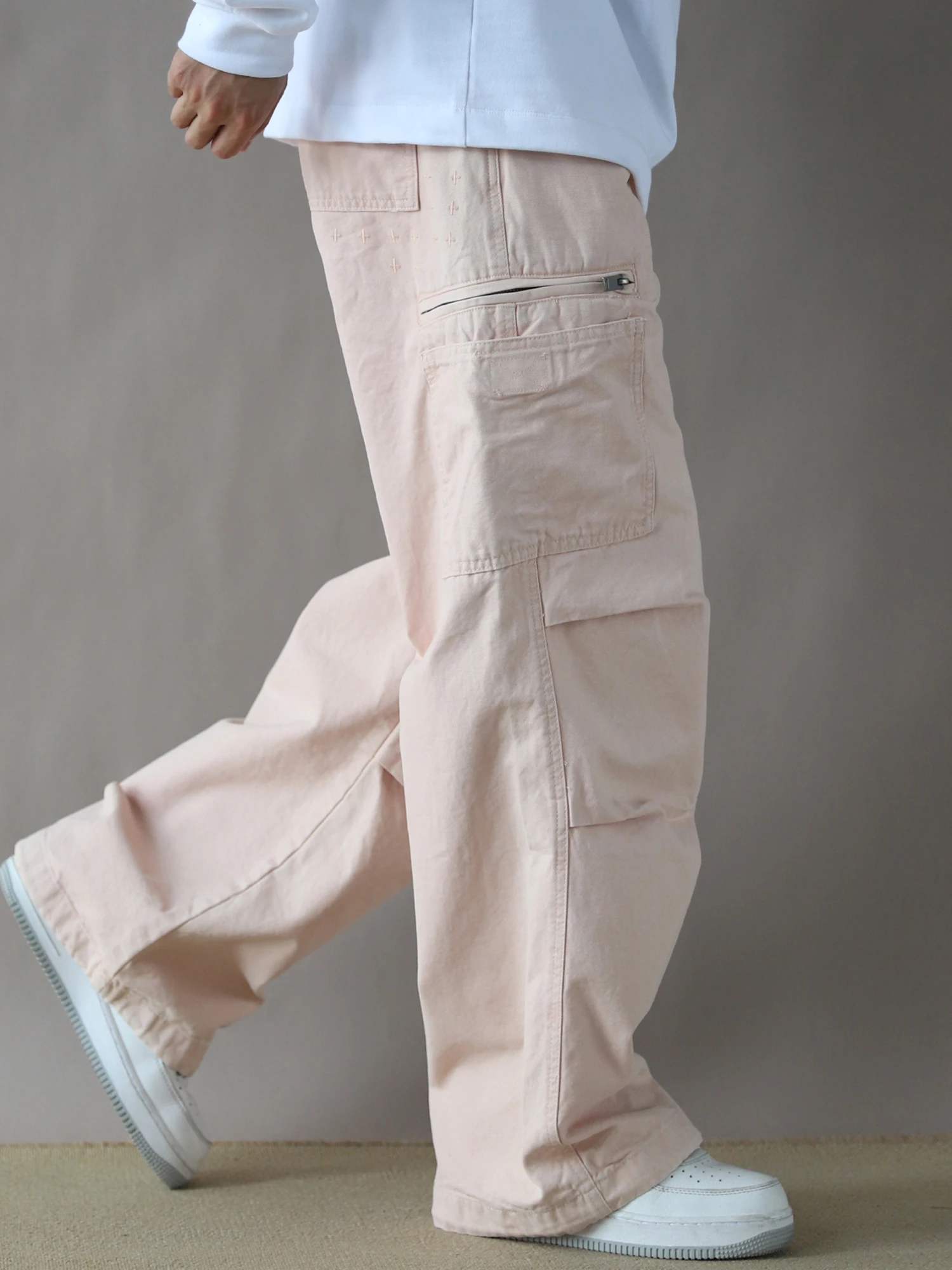 

American Workwear Sle Loose Long Pants Men Casual Large ket Pants Pure Cotton 2025 Work Trousers Pink Straight Leg Pants