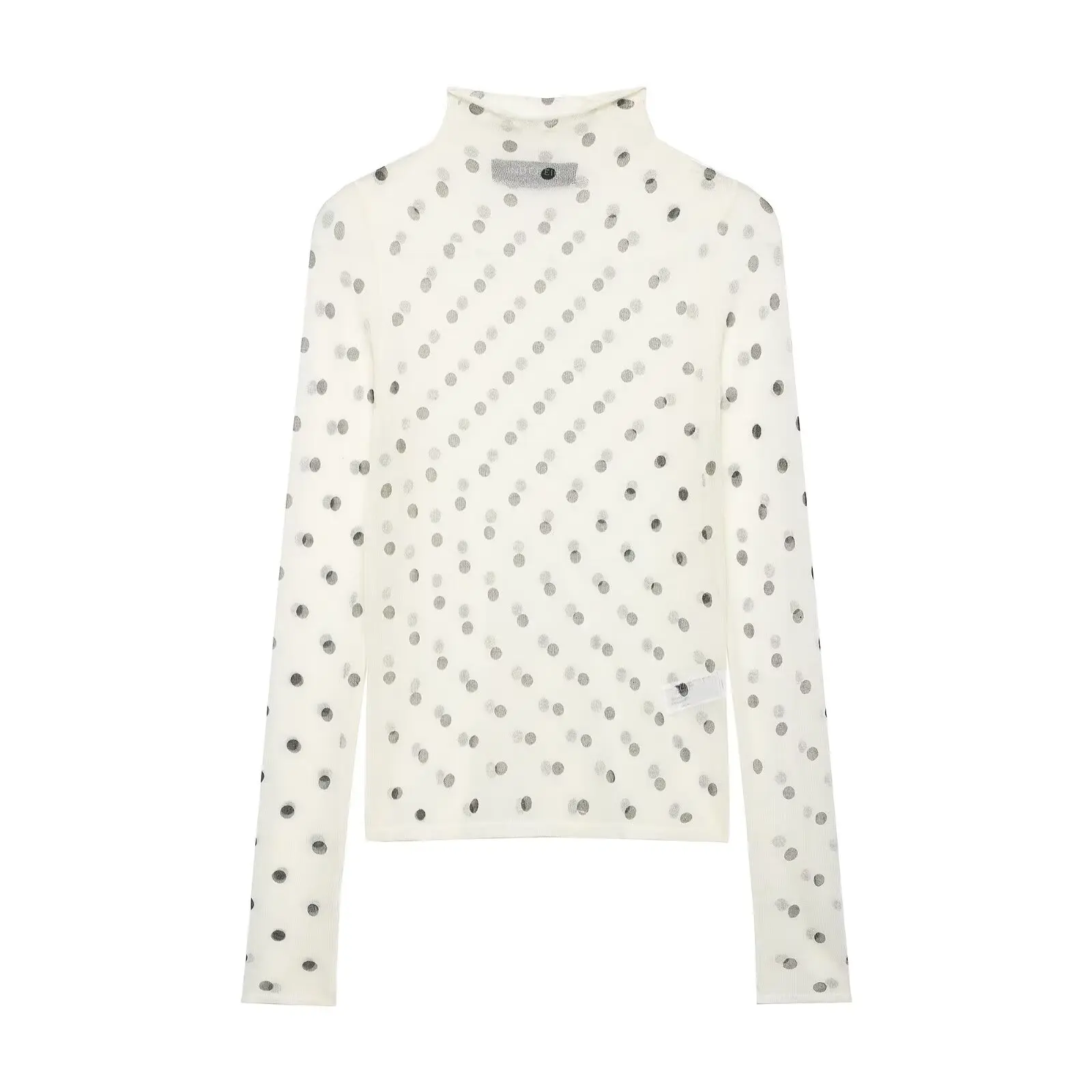 HH Women Fashion Stand Collar Translucent Love-Shaped Printed Fine Knitted Top T-shirt Female Sexy Pure Lust Style Slim Tops