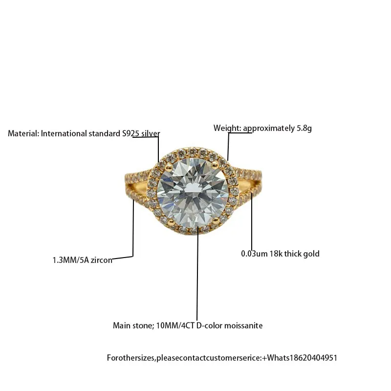 

Moissanite Ring for Women, International Standard S925 Silver 0.03um 18K Gold Plated, 4CT D-Color 10MM Moissanite Center Stone w