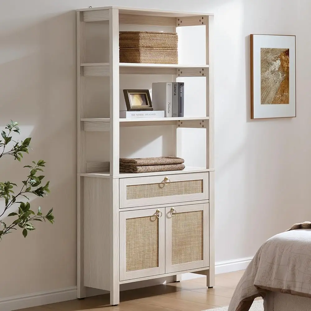 

3-Tier Rattan Bookshelf with Gold Handle, 68.5 Tall, Boho Style for Home or Office