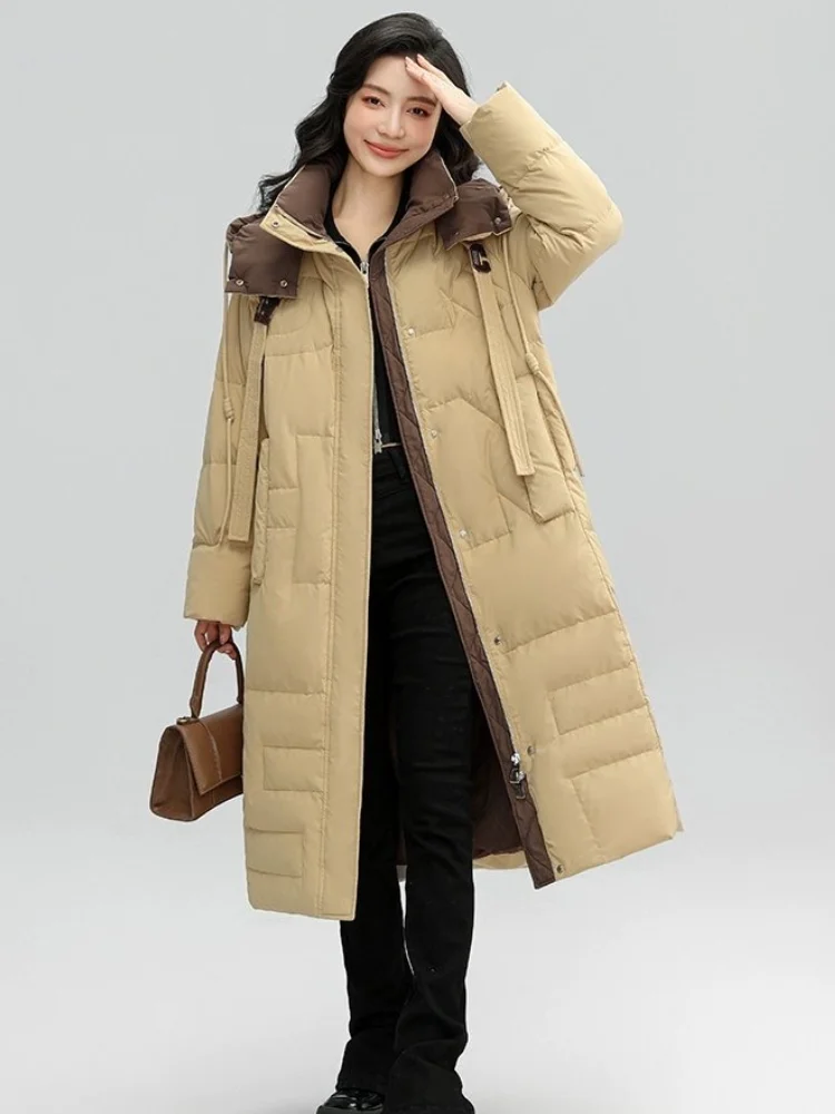 Winter New Women\'s Jacket Long Down Coats Color Clash Patchwork Trendy Outerwears Windproof Thick Snow Wear Hooded Puffer Coats