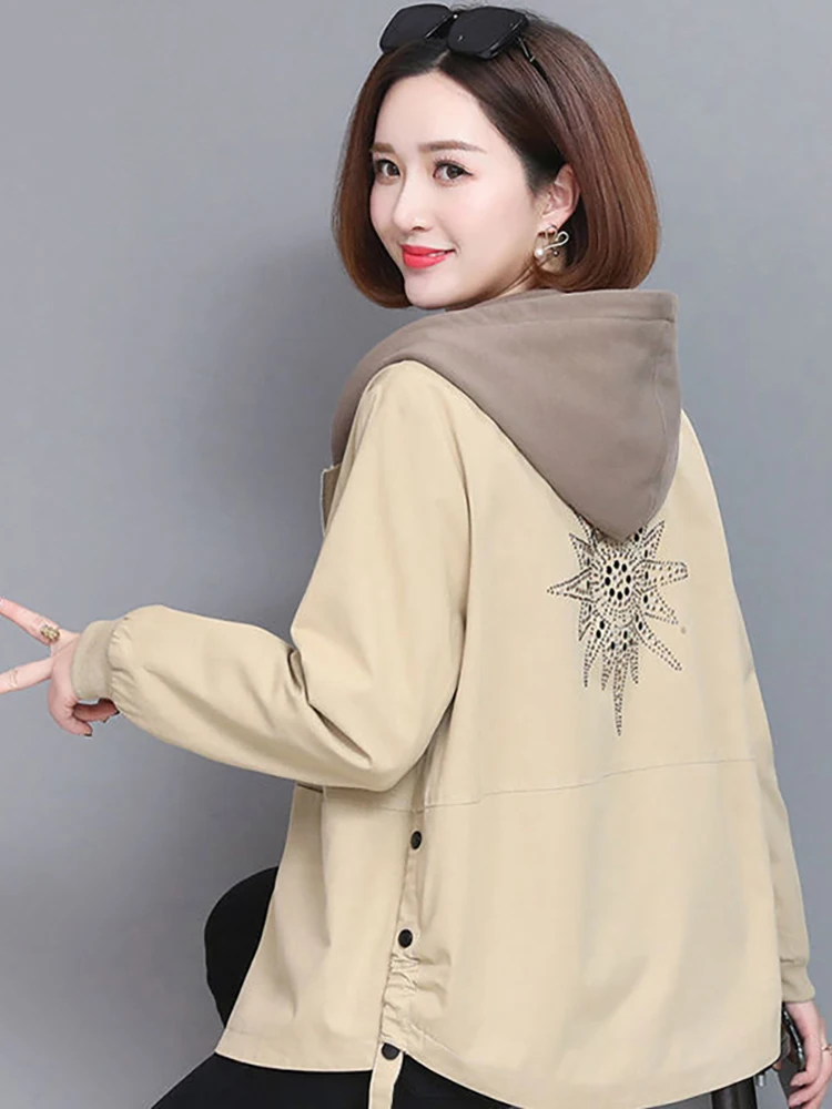 

Women 2024 New Ovesized Hooded Short Loose Printed Coat Double Layer Patchwork Windbreaker Jacket Female Spring Autumn Outerwear