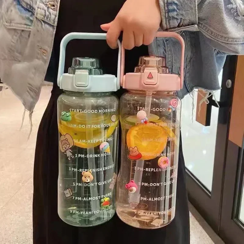 2L Water Bottle with Straw Time Marker Outdoor Travel Sport Drinking Bottle for Kid Girl Summer Plastic Cup Kawaii Termos Kettle