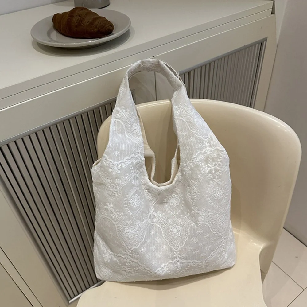 Shopping Tote Bag Lace Shoulder Bag Korean Style With Ribbon Simple Canvas Handbag Kawaii Cloth Large Capacity Bag Couple