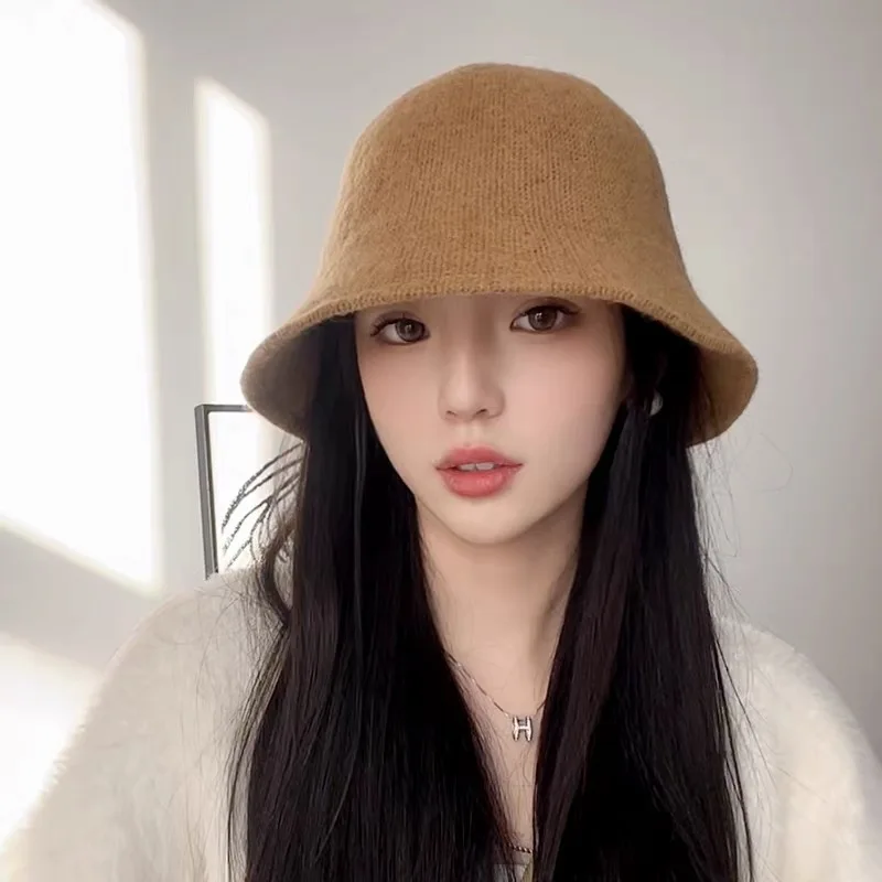 Fashion Bucket Hat Knitting Breathable Fisherman Cap Autumn Winter Warm Soft Slouchy Crochet Solid Color Cap for Women Travel