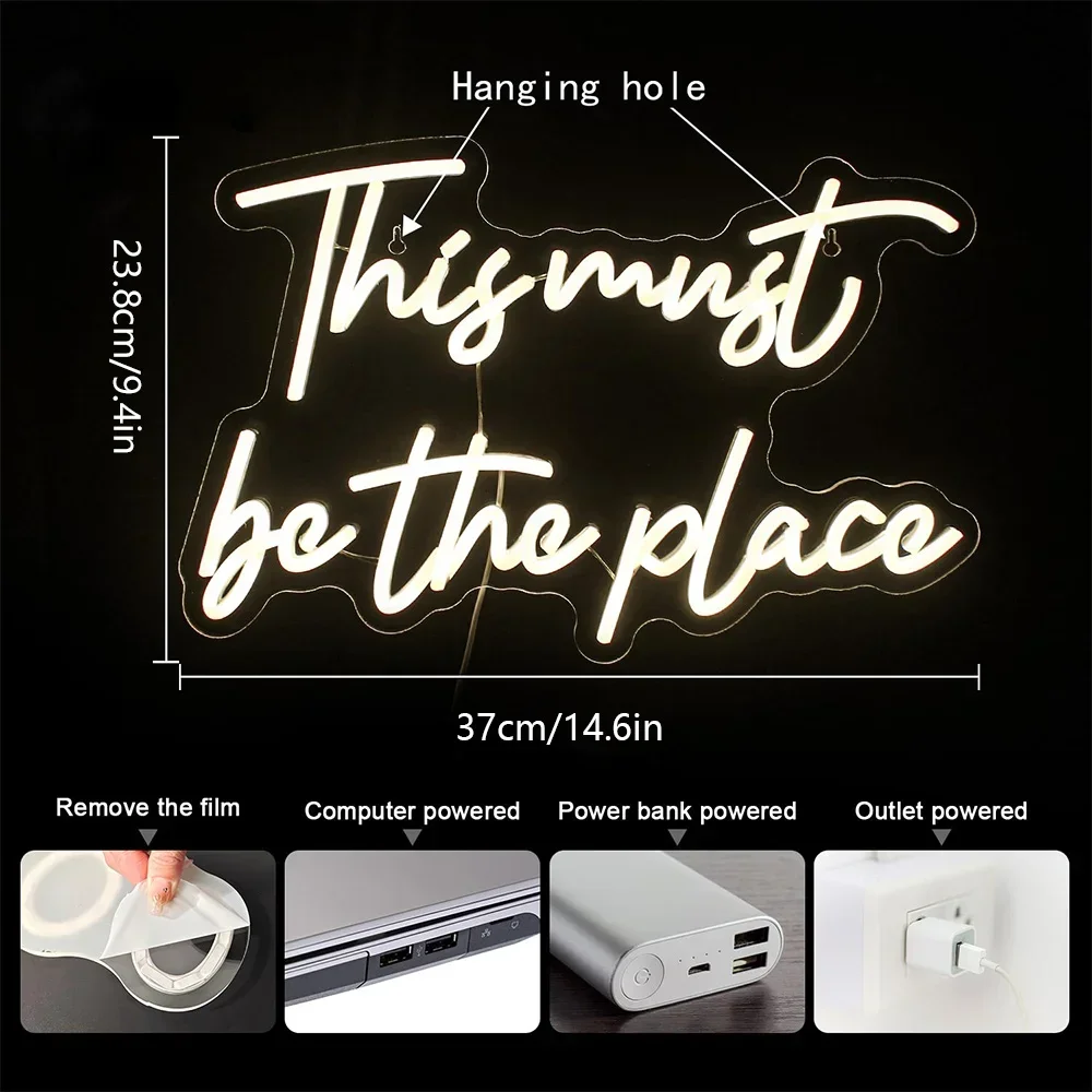 This Must Be the Place Neon Sign Warm White LED Neon Light for Wall Decor Power Letter Neon Light Sign for Bedroom Home Bar Room