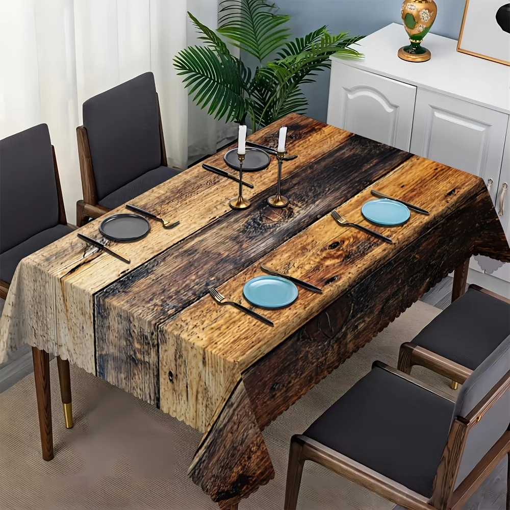 One farmhouse-style wood-grain tablecloth - Durable polyester rectangular tablecloth with scalloped edge.