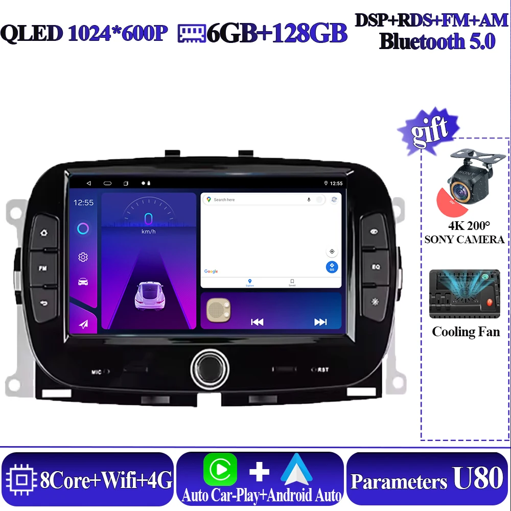 Android 16 Draadloze Carplay Voor FIAT 500 2016 2017 2018 2019 Intelligent Systeem 8 core Auto Multimedia Speler 5G Touch display