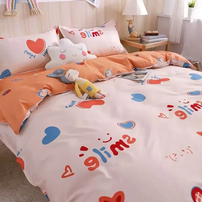 Kawaii Bear Bedding Set Smiple Duvet Cover Flat Bed Sheet Pillowcase Queen King Size Soft Bedclothes for Girl Kids Home Textile