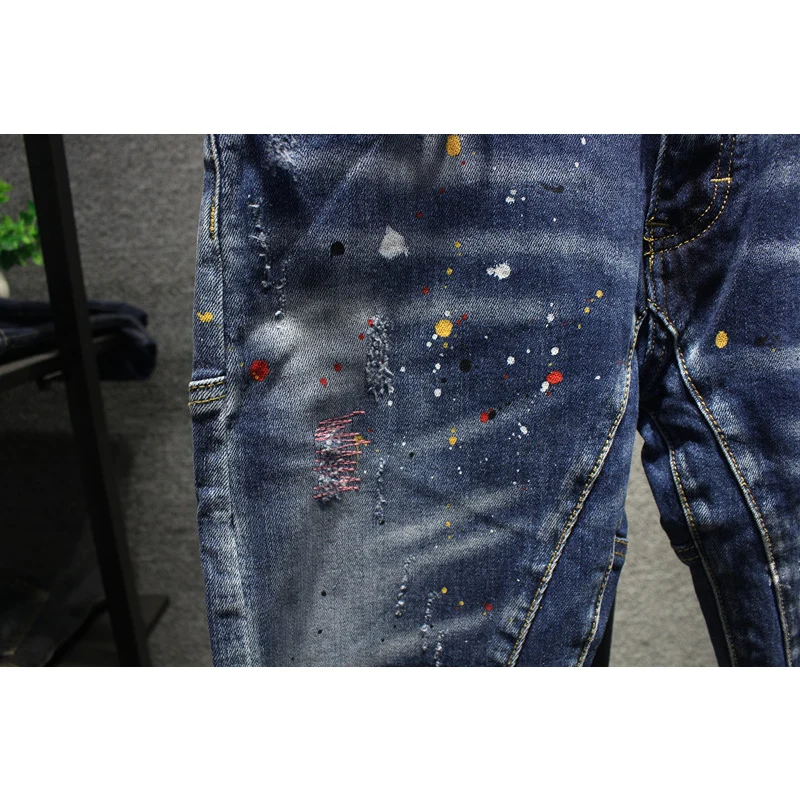 

Y2K Fashion Men Jeans Retro Blue Stretch Slim Fit Painted Ripped Jeans Men Spliced Designer Hip Hop Vintage Denim Pants Homme