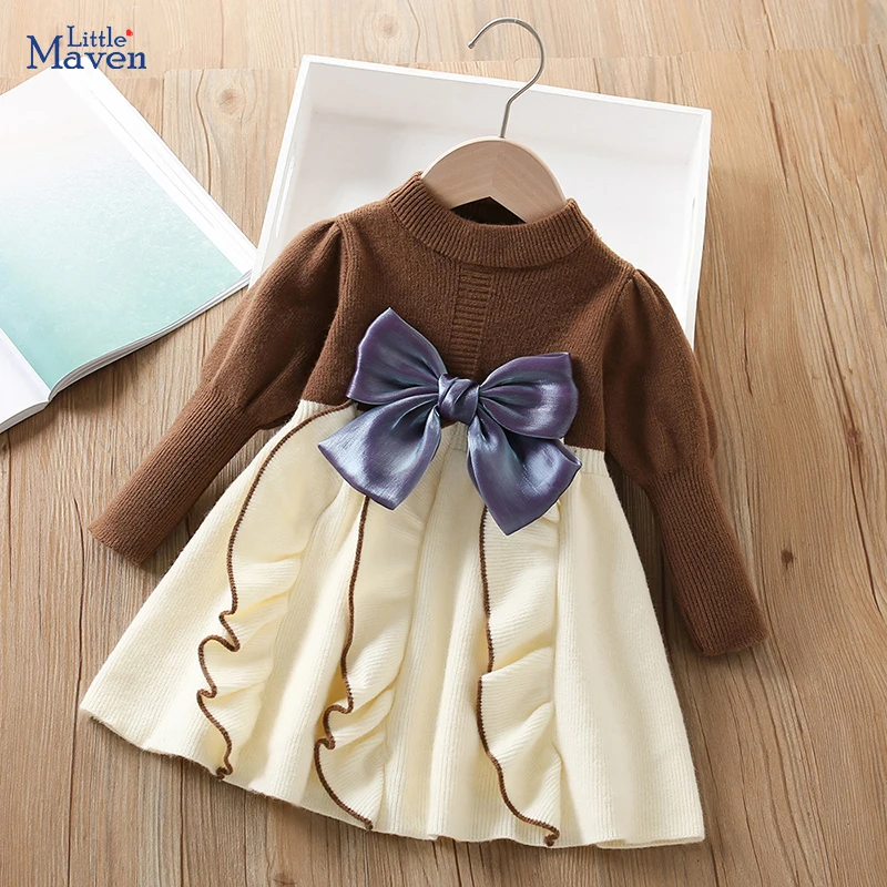 Little maven 2025 New Year Holiday Bowknot Sweater Dresses Princess Children's Clothing Spring Autumn Baby Girls  Kids Clothes