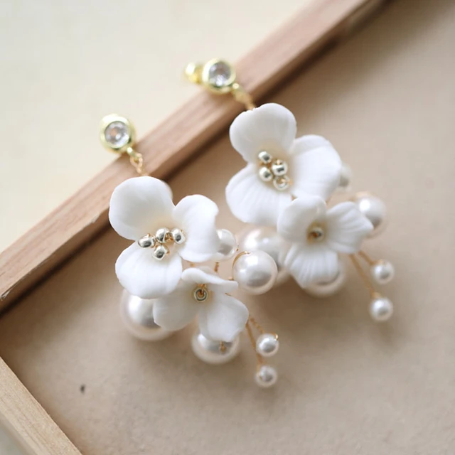 Porcelain Flower Bridal Earrings Pearls Wedding Jewelry Gold Silver Color Handmade Women Drop Earring AliExpress