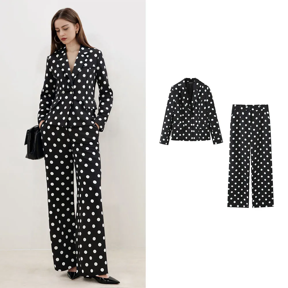 

Осенний новый свободный прямой пиджак в европейском и американском стиле в белый горошек, комплект с длинными брюками