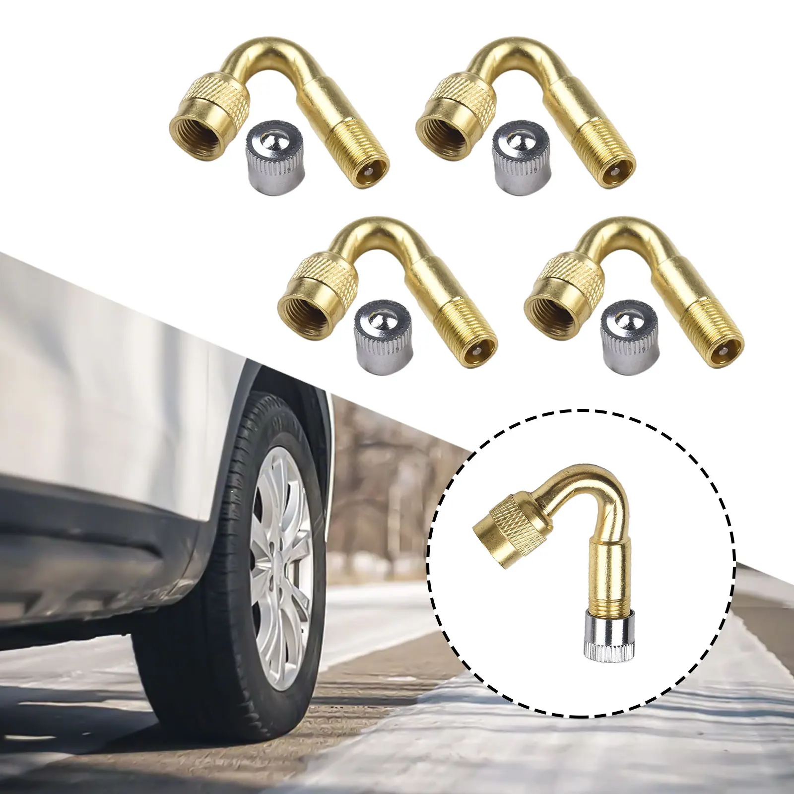 

Металлические 45-градусные удлинители штока клапана, набор из 4 шт. для автомобилей, грузовиков, фургонов, латунные адаптеры клапанов с пылью для накачивания шин