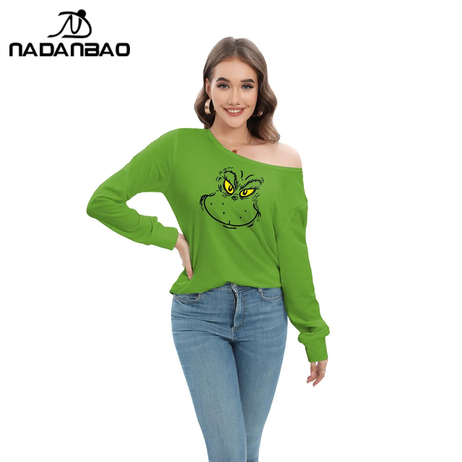 Nadanbao Women T-Shirt Casual Diagonal Collar Green Fur Monster Print Long Sleeve Tops Sexy Off Shoulder Loose Pullover T-Shirts