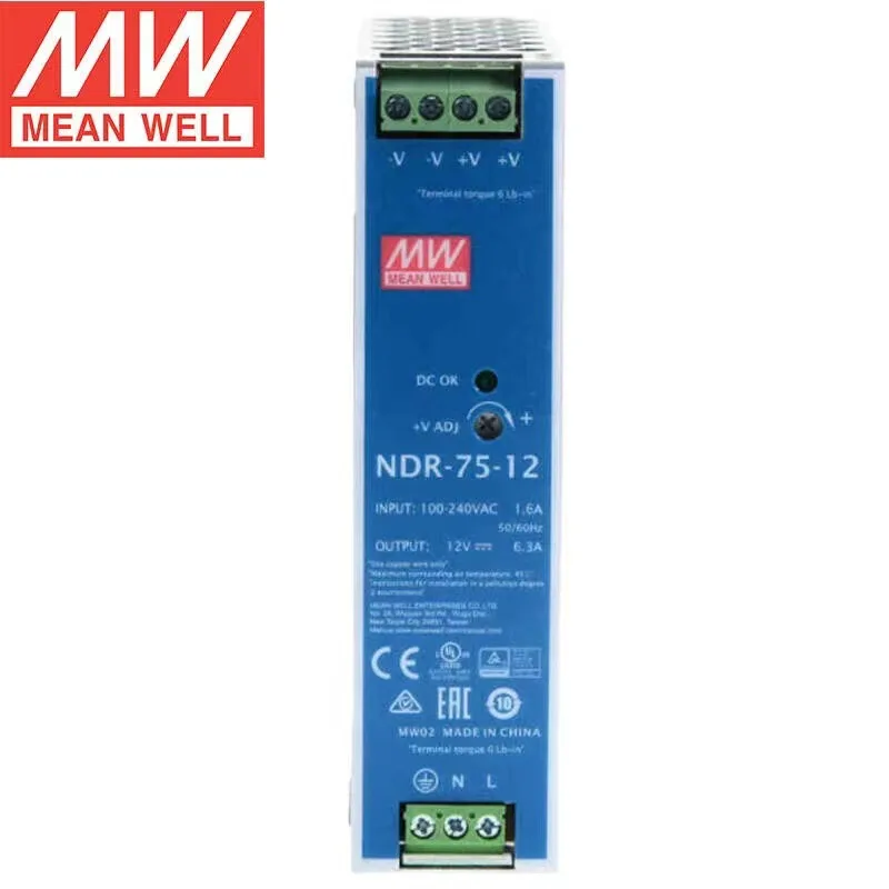 Tai Wan MeanWell NDR-75-12 12V 6.3A 75W Single Output Industrial DIN RAIL Switching Power Supply 220VAC-12VDC