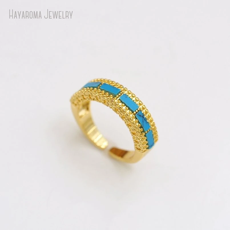 10Pcs Copper Wholesale Blue Gold Color Geometric Rectangle Metal Stone Synthetic Turquoises Ring RM50906