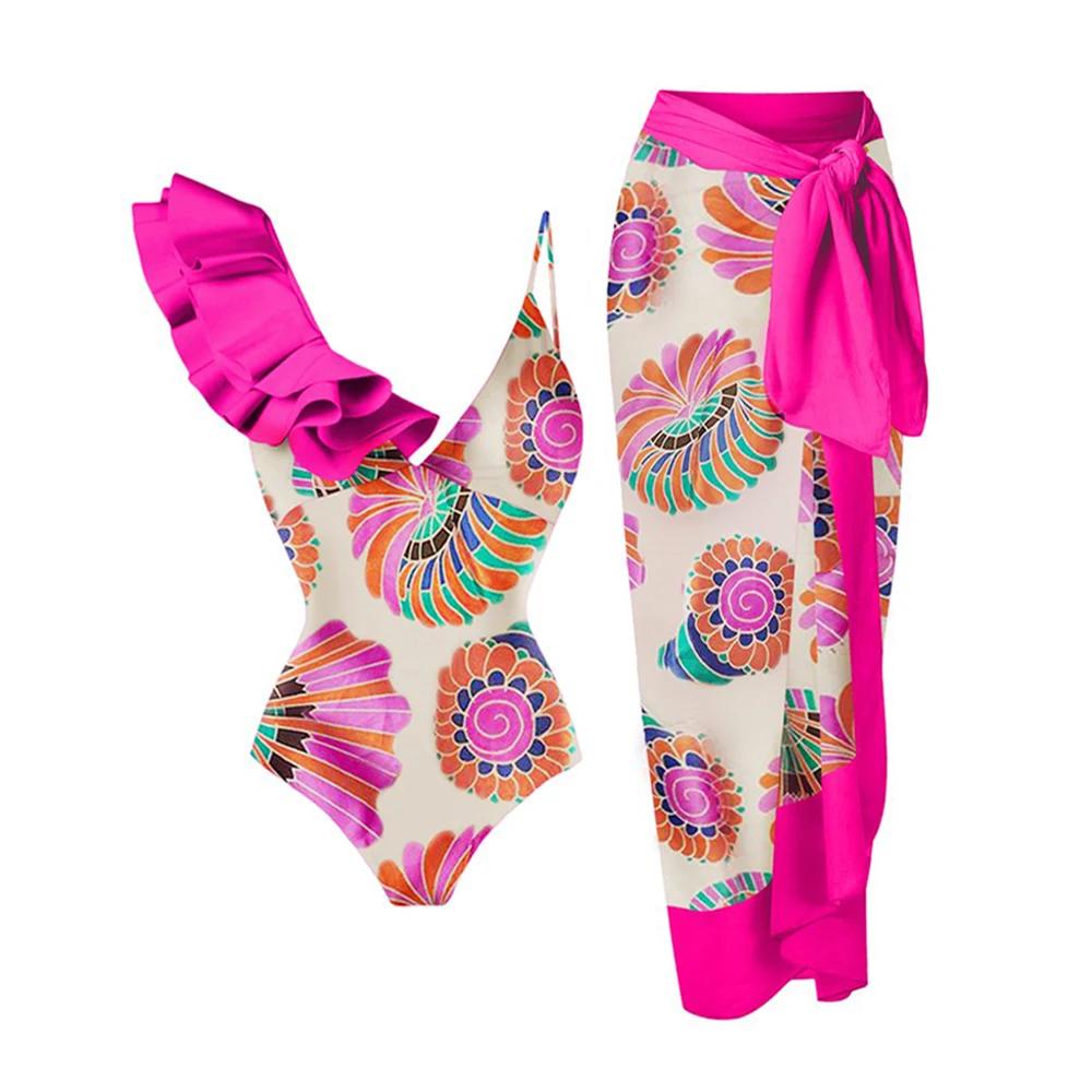 

Vintage Colorblock Print Ruffle One-Piece Swimsuit Sexy Erotic Suit Fashion Pieces for Elegance Summer Beach Slim Fit