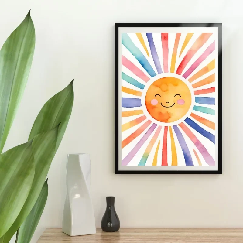 No Framed Printing Picture Minimalist Watercolor Sun Poster Sunshine Gold Sun Canvas Painting Mid Century Modern Bohemian Wall