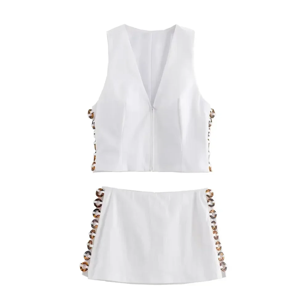 24 summer new women\'s sleeveless tortoiseshell effect decoration vest style white top mid waist skirt pants set