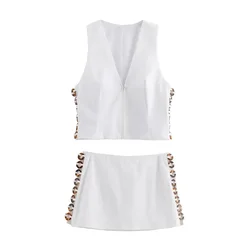 24 summer new women's sleeveless tortoiseshell effect decoration vest style white top mid waist skirt pants set