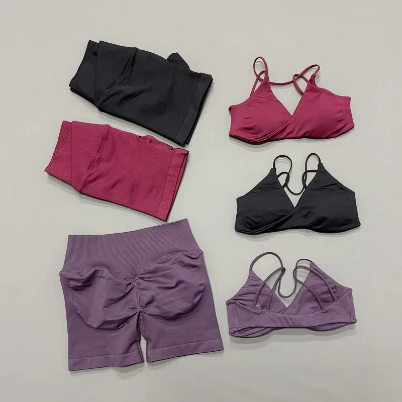 HISTELLO Women Workout Set 2 Piece Seamless Gym Outfit V Neck Sports Bra High Waist Scrunch Butt Shorts Yoga Fitness Activewear