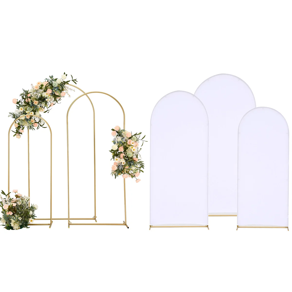 Wedding Arch Backdrop Stand and Cover Set, 6.6FT/5.9FT/4.9FT, 3 Gold Metal Arch Stands with 3 White Spandex Arch Covers for Part