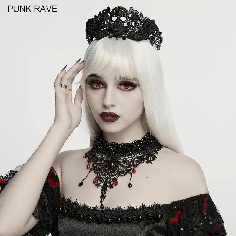 PUNK RAVE Women's Glamorous Goth Court Atmosphere Lace Choker 3D Patterns Imitation Gemstones Bead Chains Gorgeous Accessories
