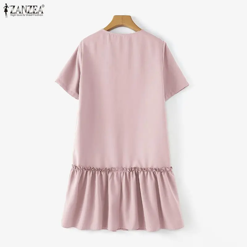 ZANZEA 2026 Women Knee-Length Dress Summer V-Neck Short Sleeve Button Up Ruffled Hem A-Line Dresses Casual Everyday Wear Robes