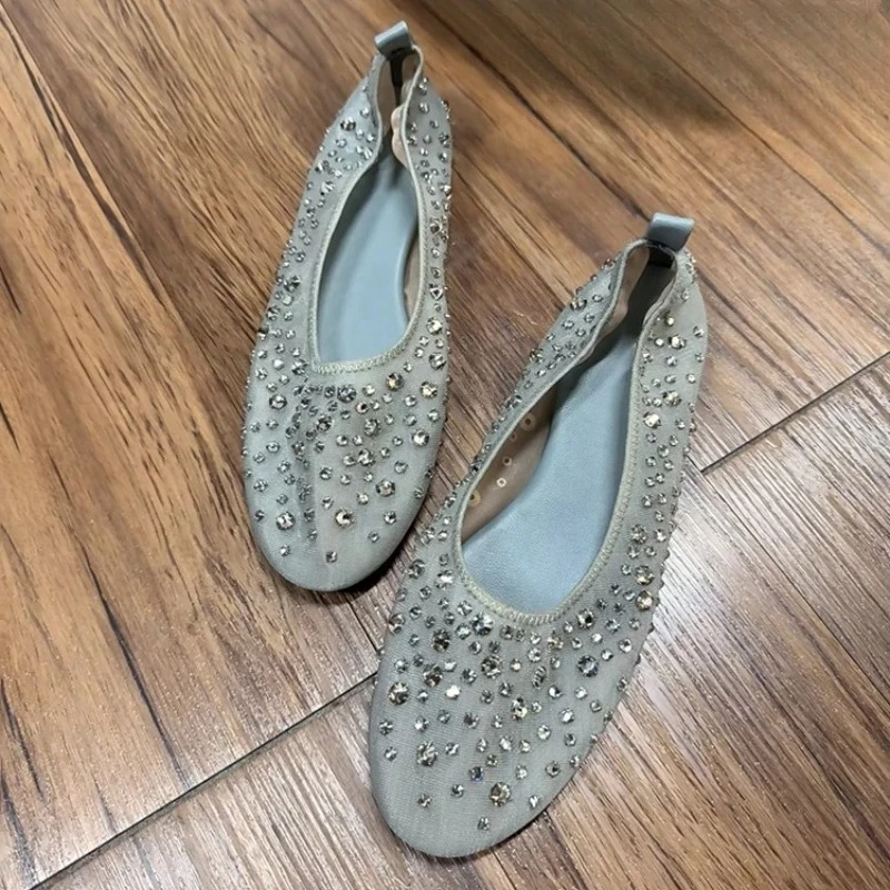 

Shiny Rhinestones Mesh Ballet Flats Women Soft Sole Comfy Mary Jane Sandals Female Breathable Round Toe Casual Flats Women Shoes