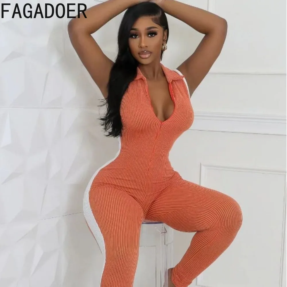 FAGADOER Fashion Stripe Stitching Bodycon One Pieces Jumpsuits Women Deep V Sleeveless Slim Playsuits Female Zip Sporty Overalls