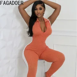 FAGADOER Fashion Stripe Stitching Bodycon One Pieces Jumpsuits Women Deep V Sleeveless Slim Playsuits Female Zip Sporty Overalls