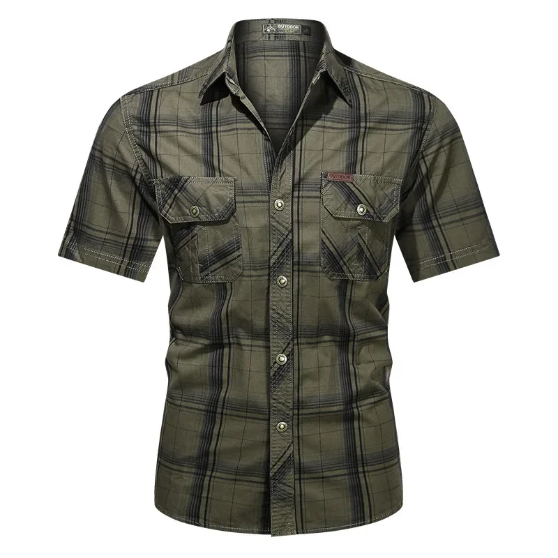 Camisa xadrez masculina de manga curta, camisas militares masculinas, ao ar livre multi bolsos, camisas de ferramental, homem camisas de algodão,