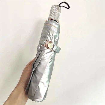 Thickened titanium silver folding umbrella with Rhinestones for women UV rainproof portable sun protection UPF 50+8 bone umbrella