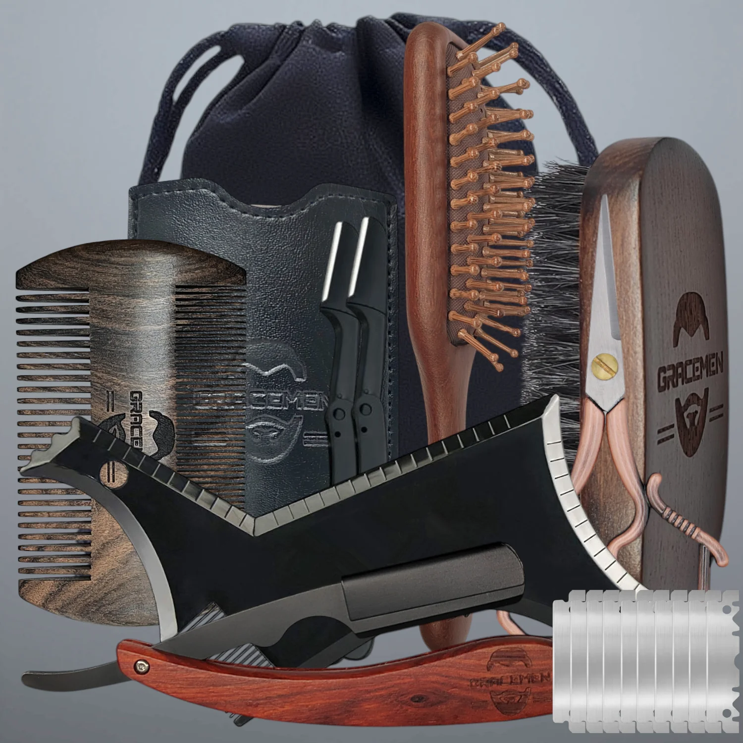 

Gracemen 20 in 1 Black Retro Beard Kit - Boar Bristles Brush & Comb & Shaping Template & Razor & Hair Comb & Travel Pouch