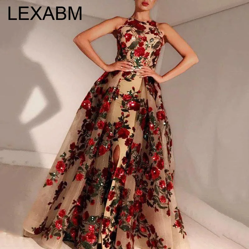 Sequins Sleeveless A Line Dresses For Women Vintage Floral Big Swing Slit Maxi Party Dress Gown Prom Vestidos Nightclub Wedding