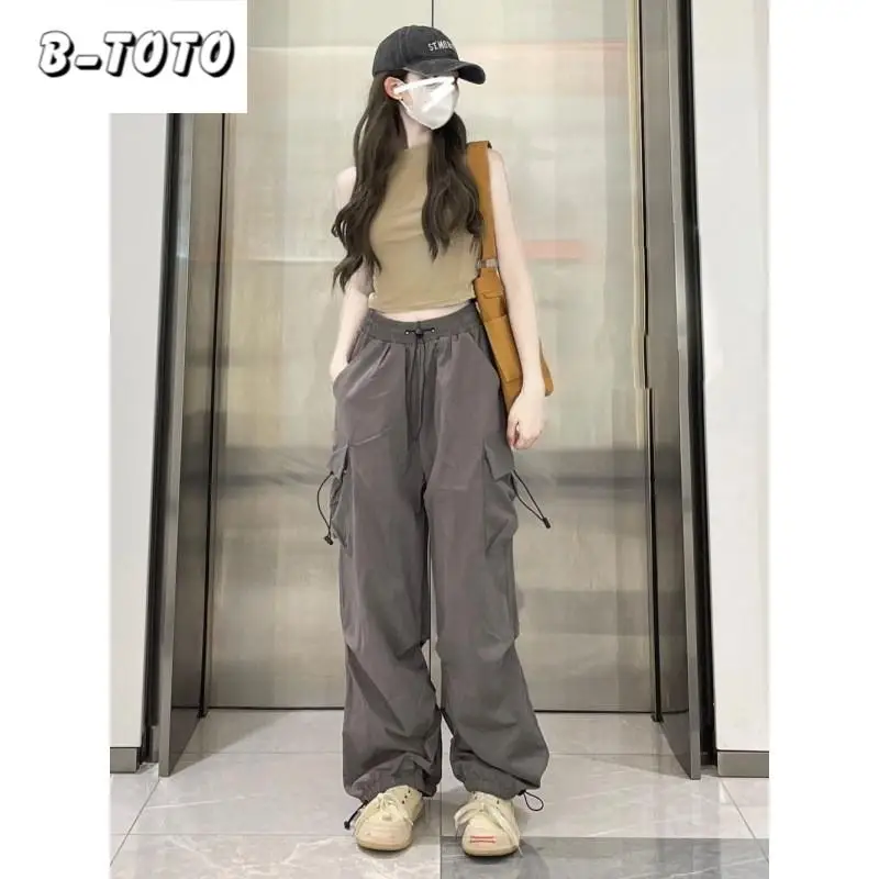 

B-TOTOWork Trousers Girls American Female Thin Section Loose Thin Retro Street Dance Drawstring Foot Leisure Straight Sweatpants