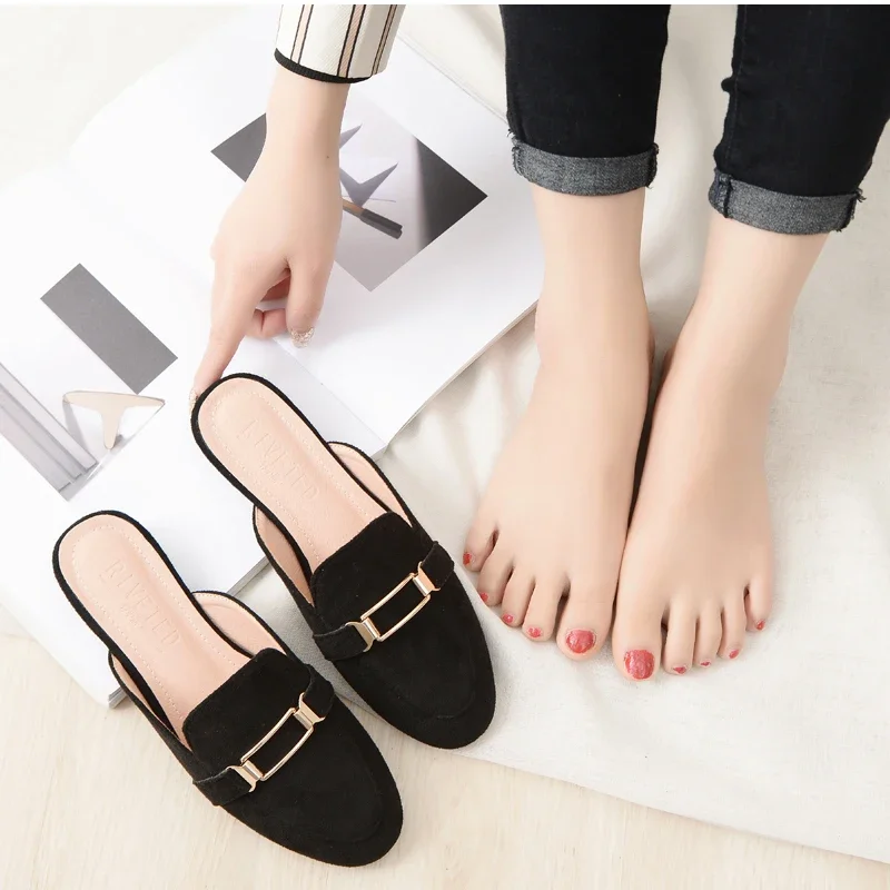 Femme Metal Front Closed Toe Slip- Ons With Seam Retro Shoes Flats Flock Slippers Summer Outdoor Footwear Nice-Looking Grey Red