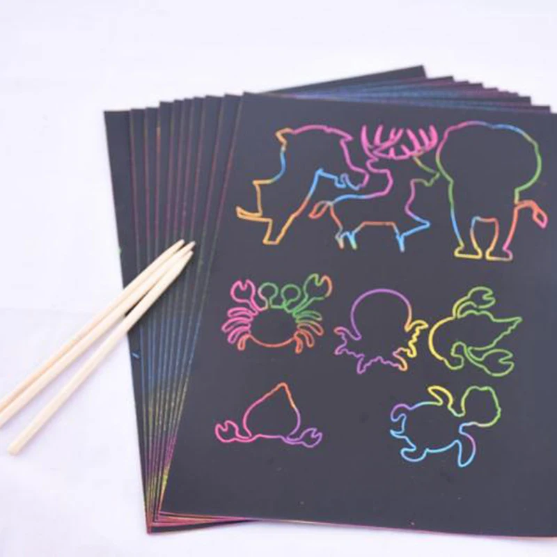 50 Sheets Magic Color Rainbow Scratch Art Paper Card Set with Graffiti Stencil for Drawing Stick DIY Painting Toy Kids