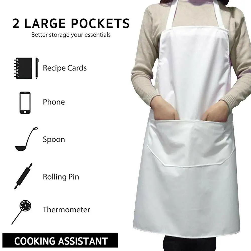 

Fashion Kitchen Unisex Waiter White Plastic Waterproof Apron with Pockets, Cooking Kitchen Apron, Male and Female Chef Apron