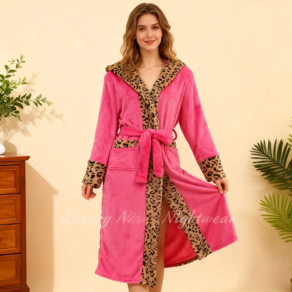 

Autumn & Winter Women's Flannel Robe Fleece-Lined Thickened Tie-Waist Style Color-Block Leopard Print Bathrobe