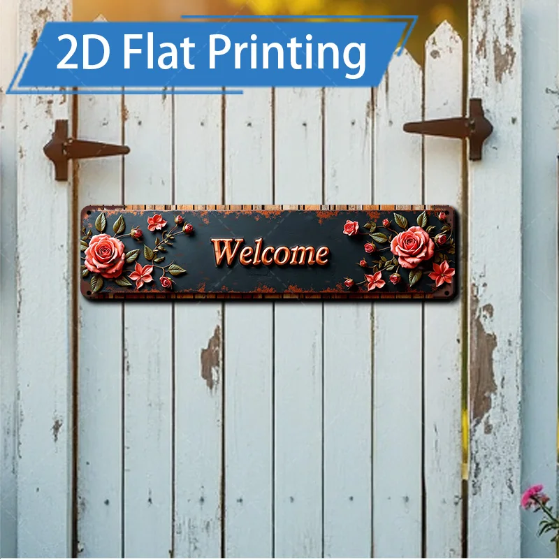 

1 шт. металлическая вывеска, 4x16 дюймов, деревенский цветочный знак «Добро пожаловать» - винтажный стиль, металлические настенные рисунки для домашнего декора