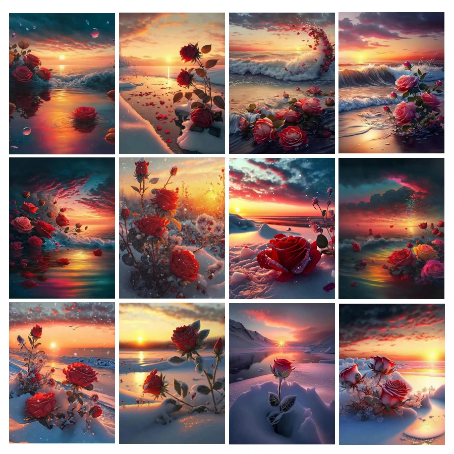 Diamond Painting Winter Seaside Roses Diy Full Mosaic Sunset Scenery Snow Rhinestone Embroidery Floral Picture Wall Decor AA4833