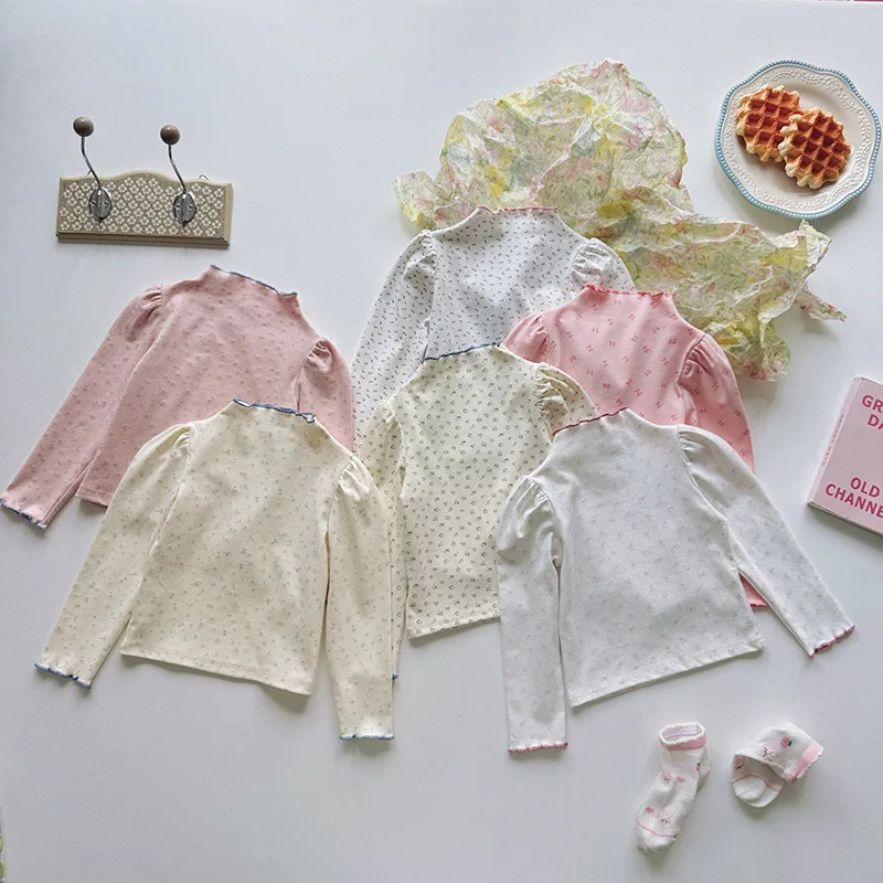 

Girls' Floral T-shirt Half High Neck Base Layer Top Spring/Autumn Baby Long Sleeve Shirt with Trendy Temperament
