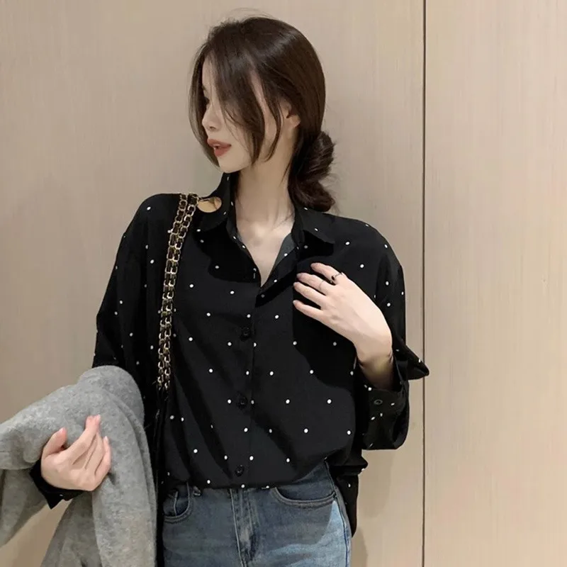 Korean Version Lapel Contrast Color Polka Dot Design Loose Leisure All-Matching Long Sleeve Shirt for Women