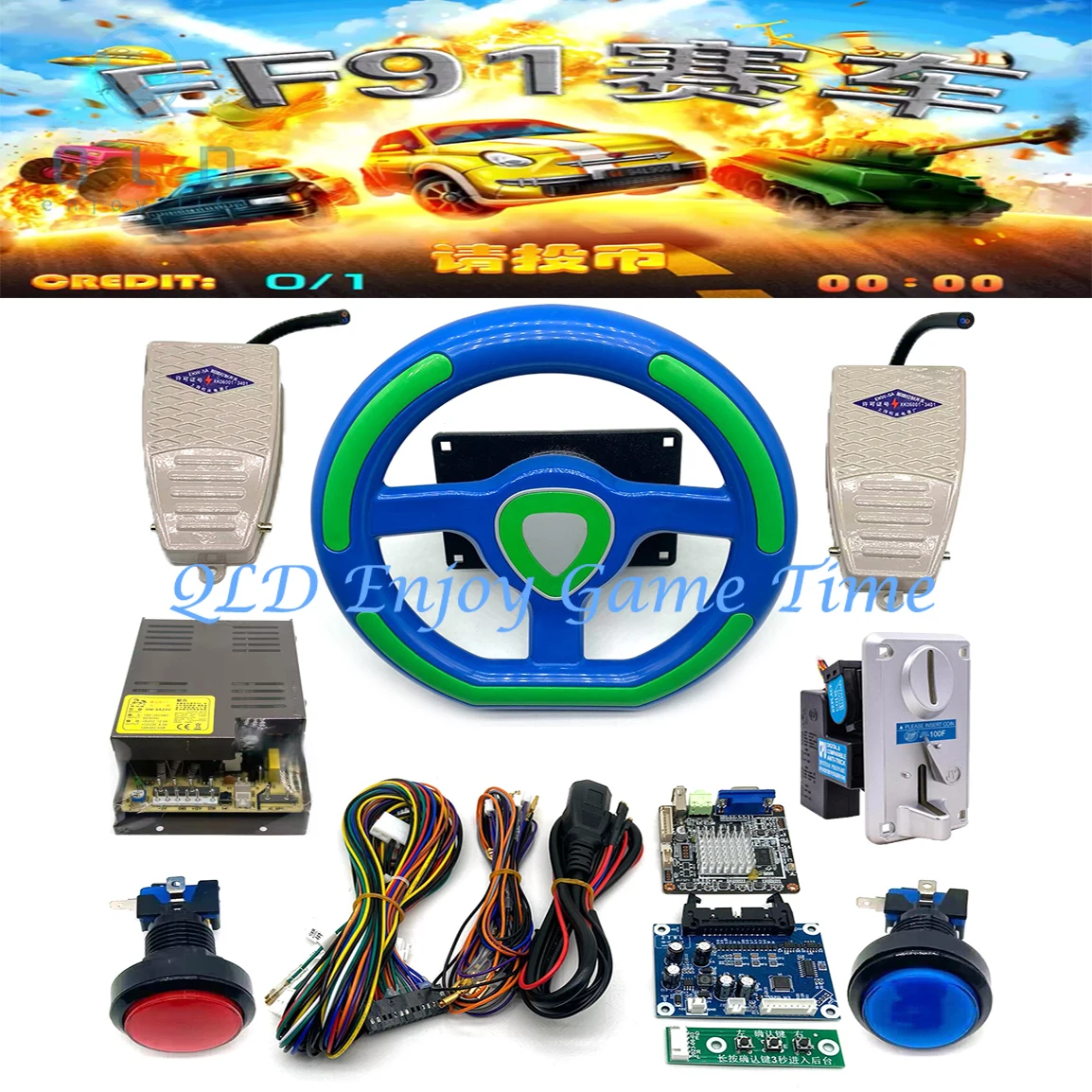 Arcade Cabinet Children FF91 Racing Game Driving Simulator Machine DIY Kit, Part Mainboard Board, Steering Wheel, Wiring Cable