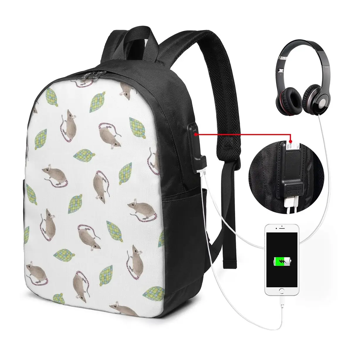 Cartoon Rat And Plant Watercolor Painting Backpack Travel Notebook Bag Computer College Student School Bag Laptop Shoulder Bags
