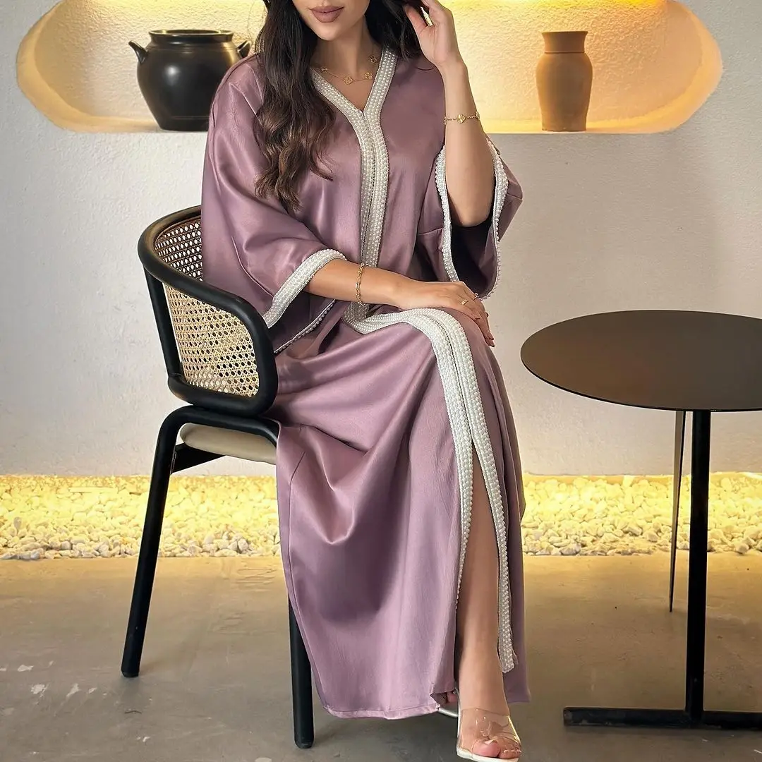 

New Muslim Fashion Beaded Women's Abaya Robe Vestidos 2025 Muslim Long Dress Robe Abaya Ramadan Dubai Luxury Islam Elegant